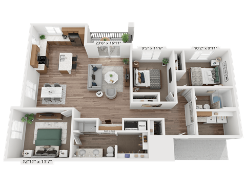Floor plan for 3 beds, 2 baths, 1381 sqft